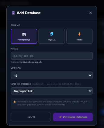 Hylius dashboard showing database provisioning screen / one-click DB setup UI