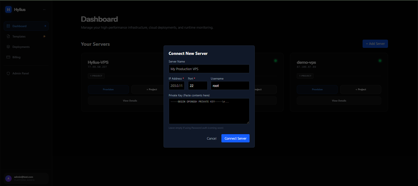 Hylius dashboard showing Add Server / onboarding flow