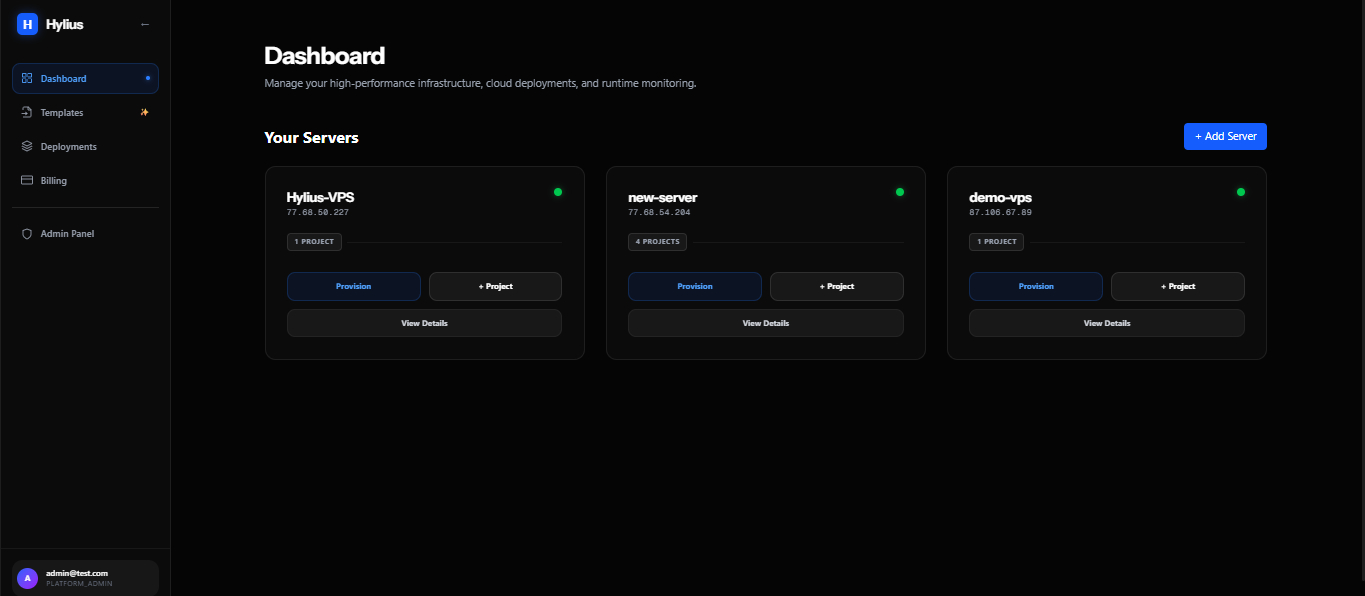Hylius dashboard showing the server connection screen / server list