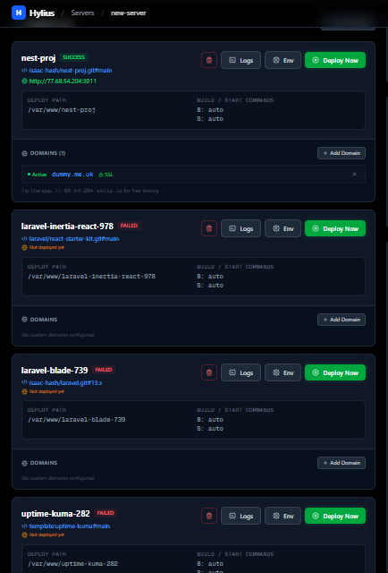 Hylius dashboard showing multiple projects deployed on one server
